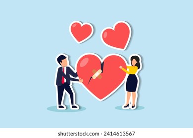Forgiveness to keep relationship last long, togetherness or love couple concept, happy man and woman, husband and wife with bandage on broken heart shape as forgiveness symbol.
