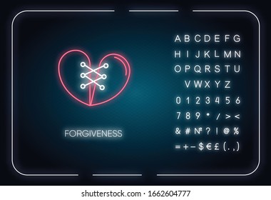 Icono de la luz neón del perdón. Efecto luminoso exterior. Signo con alfabeto, números y símbolos. Fuerte conexión interpersonal, afecto emocional, amistad. Ilustración de color RGB aislada por vectores