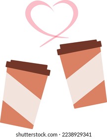 Ilustración vectorial del perdón para el día de San Valentín. Iconos dos tazas de café de papel, vapor entrelazado en forma de corazón