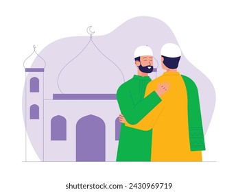 Forgiving each other after performing Eid prayers, vector illustration.