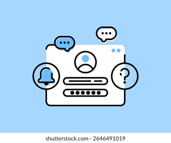 forgot account password concept. service to manage and reset passwords. forgot account information. illustration of website login page window with question mark and bell symbol. flat outline