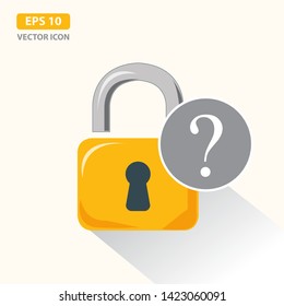 Forgot Password Concept Flat blue long shadow Icon / Logo Design. Padlock with Question mark. Vector Illustration