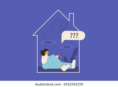 Forgot password concept. Tired young woman can't unlock the phone. Bad memory character. Teenage girl with stress. Frustrated person. Vector flat outline illustration.