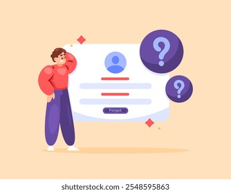 esqueceu o conceito de senha. serviço de usuário e problemas. ilustração de um homem confuso e esquecendo sua senha para uma conta de mídia social ou site.