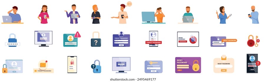 Forgot password icons set. People are using laptops and smartphones, logging into accounts, and resetting passwords