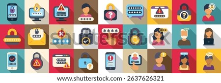  Forgot password icons set. Various icons representing password protection, login security, and personal data access, highlighting the importance of cybersecurity in the digital age