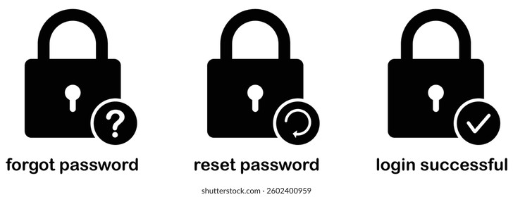 Forgot password, reset password and login successful symbol collection for security. Cyber security to Protect Personal Data. Password protection icons. Secure login icons. Authentication security.
