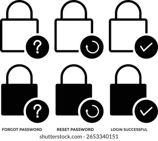 Forgot password, reset password and login successful icons for privacy. Account protection, security key, danger warning, wrong password

