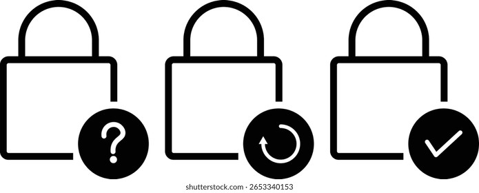 Forgot password, reset password and login successful icons for privacy. Account protection, security key, danger warning, wrong password

