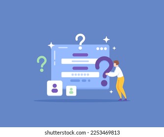 Forgot password and username. password reset service. a user forgets and confuses his account email and password. technology and problems. question marks. illustration concept design. vector elements