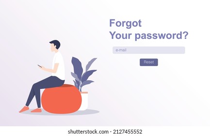 Forgot Password. Vector Design Template For Web Banner. Man With Cell Phone On Light Backdrop