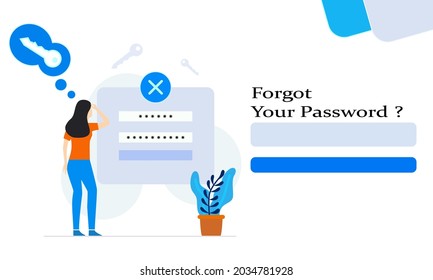 Забыли пароль. Forgot Your Password, inscription in English. Vector web page template, wrong password input. The girl remembers password, keys, a flower in a pots, a field for entering a password. 