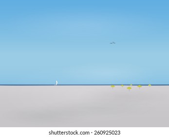A forgotten beach and a lone sailboat on sea 