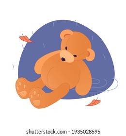 A forgotten child's toy in the rain. A symbol of loneliness, sadness and misery. The concept of a broken childhood dream. An old teddy bear lies in an autumn puddle. Vector illustration.