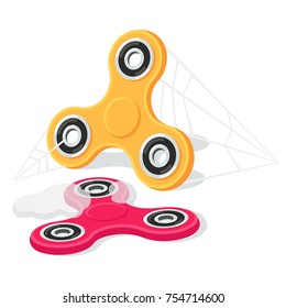 Forgotten fidget spinners covered in dust and cobwebs, vector illustration. Short-lived craze, dying fad.