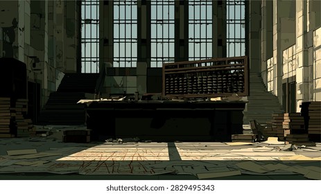 Forgotten Grand Hall Interior with Dramatic Lighting and Debris