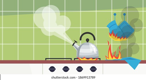 Forgotten kitchen duties semi flat vector illustration. Boiling and loud whistling kettle. Burning potholders. Fire threat. Modern kitchen perspective 2D cartoon scene for commercial use
