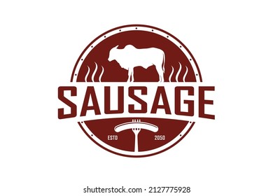 Fork and Angus Beef for Vintage Retro Rustic Sausage Label logo design
