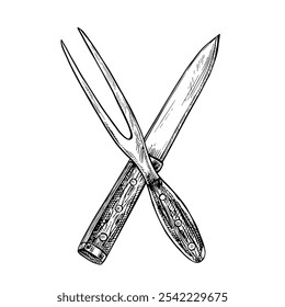 A fork and a barbecue knife. Vector graphics with images of kitchen utensils. Black and white hand-drawn illustration. An element of the design of a kitchen, restaurant, recipe, menu, posters, labels.