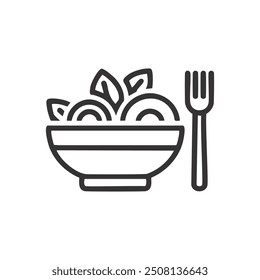 Fork and bowl of pasta icon. Simple black line icon of a bowl of pasta with a fork. Perfect for food, cooking, and dining related projects.