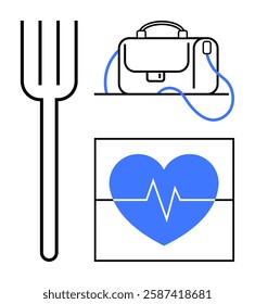 Fork, briefcase, and heartbeat symbol arranged in a simple design. Ideal for health, fitness, work-life balance, wellness, diet, office culture, and medical themes. Line metaphor