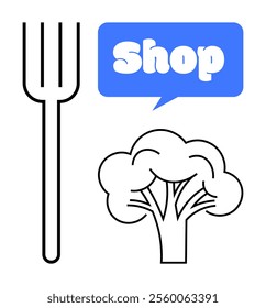 Fork, broccoli and blue Shop sign. Ideal for food, shopping, online store, grocery, nutrition themes. Simple vector art