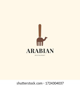 Fork with camel illustration, Creative ideas for Arabian restaurant cafe logo icon sign. Vector template