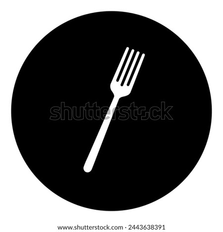 A fork in the center. Isolated white symbol in black circle. Vector illustration on white background