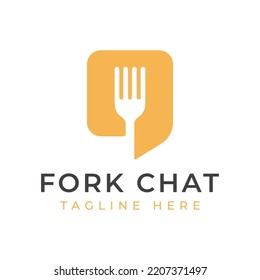 Logotipo de resumen de iconos de la horquilla y del chat para Business Food Mobil App Concept. Plantilla de diseño de promoción de marca de ideas creativas.