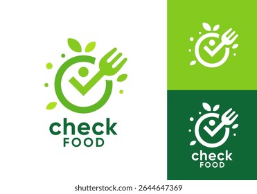 fork check and nature leaf logo. happy health fit food vector design concept