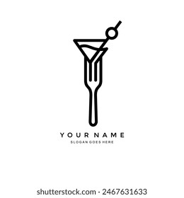 fork and cocktail logo. vector illustration of a cocktail glass and food fork icon. creative combination of identity for restaurants, bars, cafes and others