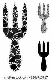 Fork composition of joggly pieces in variable sizes and color tinges, based on fork icon. Vector ragged items are combined into collage. Fork icons collage with dotted pattern.