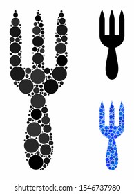 Fork composition of small circles in variable sizes and color tinges, based on fork icon. Vector small circles are organized into blue mosaic. Dotted fork icon in usual and blue versions.