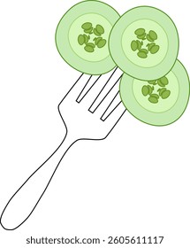 Fork with cucumber vector flat illustration. Eating healthy food concept vector composition. Ideal for menu, package, cosmetic, textile, cards Eat green
