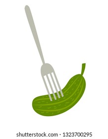 Fork with cucumber vector illustration. Russian tradicional symbol.Travel to Russia concept art cartoon style. Russian snack isolated on a white background