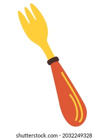 Fork. Cubertería. Vajilla. Dibujo a mano Herramienta de cocina decorativa, utensilios domésticos. Ilustración del vector de dibujos animados aislada en fondo rosa.