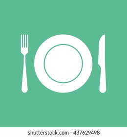 Fork, Dish and Knife Flat Icon On Green Background