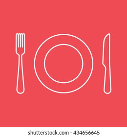 Fork, Dish and Knife Line Icon On Red Background