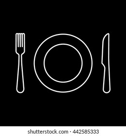Fork, Dish and Knife Line Icon On Black Background
