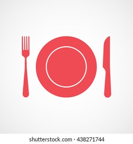 Fork, Dish and Knife Red Flat Icon On White Background
