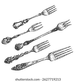 fork engraved silver set hand drawn. utensil dining, tableware flatware, vintage collectible fork engraved silver vector sketch. isolated black illustration