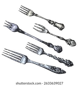 fork engraved silver set hand drawn. utensil dining, tableware flatware, vintage collectible fork engraved silver vector sketch. isolated color illustration