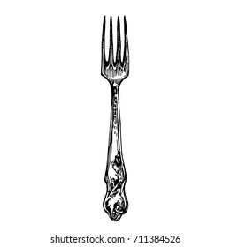 fork engraving ink hand drawn line art vector sketch stock illustration