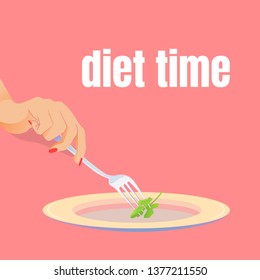 Fork in the female hand. Diet time. Almost empty plate. One piece of parsley pinned on a fork.