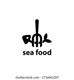Fork + fish. Sea food. Logo icon vector.