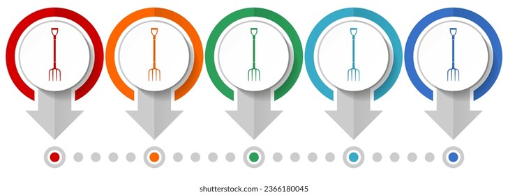 Fork, gardening tool vector icon set, flat design infographic template, set pointer concept icons in 5 color options for webdesign and mobile applications