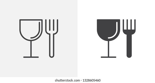Fork and glass icon. line and glyph version, outline and filled vector sign. Wineglass and fork linear and full pictogram. Restaurant food symbol, logo illustration. Different style icons set