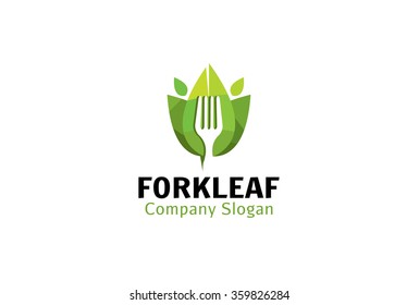 Fork and Green Leaves Logo Vector Symbol Design Illustration