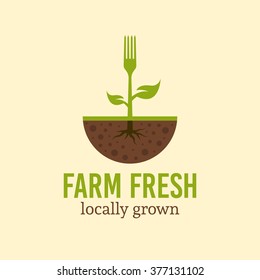 Fork with green leaves and root sprout from the soil, vector logo concept template with sample text