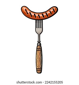 Fork with grilled sausage. Hand drawn vector sketch illustration isolated on white background.